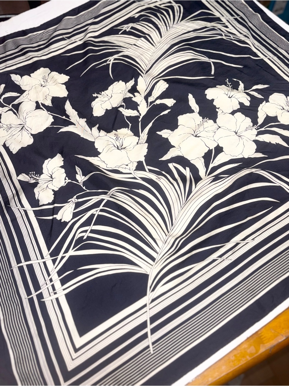 Leonard Paris vintage silk floral scarf navy blue white floral
